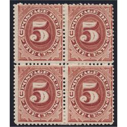 # J18 5¢ Postage Due, Red Brown, Block of Four, CV $2,500.