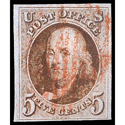 # 1 Benjamin Franklin, 5¢ Red Cancel, Four Margins, PSAG Certificate 85 VF-XF