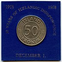 Iceland 1968, 50 krónur. 50 Anniversary of Sovereignty. Uncirculated
