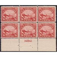 #C6 24¢ Carmine Biplane, Plate Block of Six, Lightly Hinged