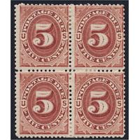 # J18 5¢ Postage Due, Red Brown, Block of Four, CV $2,500.