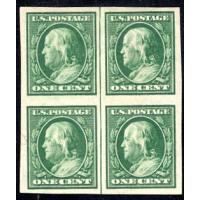 #383 1¢ Franklin, Green, Center Line Block of Four, Never Hinged