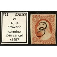 #11 3¢ Washington, Brownish Carmine, Fine - Very Fine, 43R4