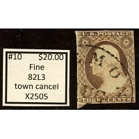 #10 3¢ Washington, Fine 82L3 Town Cancel