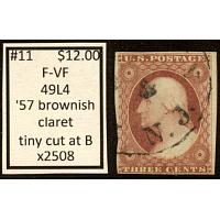 #11 3¢ Washington, Browish Claret, Fine - Very Fine, 49L4