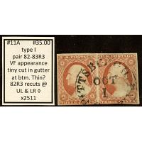 #11A 3¢ Washington, Type 1, Fine - Very Fine, Pair 82-83R3