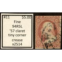 #11 3¢ Washington, Fine, '57 Claret, 94R5L