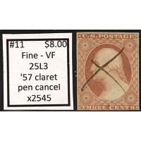 #11 3¢ Washington, Fine - Very Fine, '57 Claret, 25L3