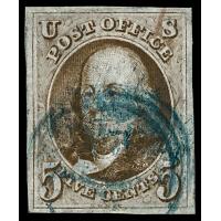 # 1 Benjamin Franklin 5¢, Red Brown, Blue Cancel, VF to EF