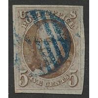 # 1 Benjamin Franklin, 5¢ Red Brown, Blue Grid Cancel, Large Margins