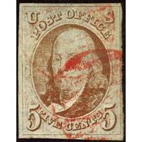 # 1 Benjamin Franklin, 5¢ Red Cancel, Four Margins