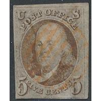 # 1 Benjamin Franklin, 5¢ Red Grid & Pen Cancel, Repaired Small Thin
