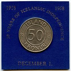 Iceland 1968, 50 krónur. 50 Anniversary of Sovereignty. Uncirculated