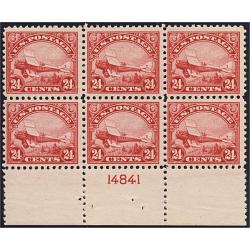 #C6 24¢ Carmine Biplane, Plate Block of Six, Lightly Hinged