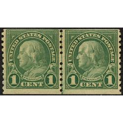 #597 1¢ Franklin, Green Coil Line Pair, DG