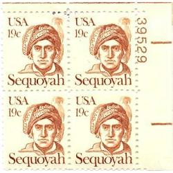 #1859 Sequoyah, Plate Number Block of 4