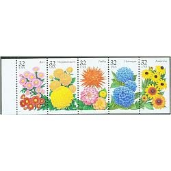 #2997au Fall Flowers, Booklet Pane of Five, Unfolded