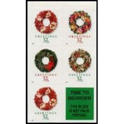 #3248b Christmas Wreaths, Booklet Pane of Five from Vending Book