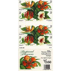 #3313b Tropical Flowers, Booklet Pane of 20
