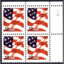 #3629F USA & Flag, Water-Activated Sheet Stamp, Plate Block of Four