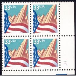 #3277 Flag over City, Red Date - Water-Activated Plate Block