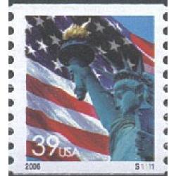 #3979 Flag & Lady Liberty, Water-Activated Coil Perforated 10