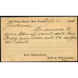 Postal Card Canceled NEW YORK, SEP 15, 1885