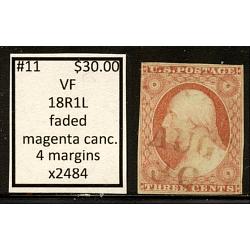 #11 3¢ Washington, Very Fine, Magenta Cancel, 18R1L