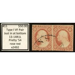 #11 3¢ Washington, Very Fine Pair, Rose Red, 13-14R1L