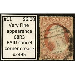 #11 3¢ Washington, Very Fine, 68R3, Paid Cancel