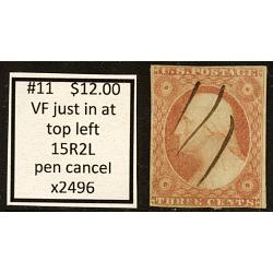 #11 3¢ Washington, Very Fine, 15R2L, Pen Cancel