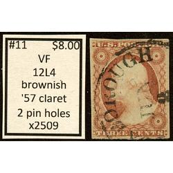 #11 3¢ Washington, Brownish Claret, Fine - Very Fine, 12L4