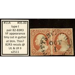 #11A 3¢ Washington, Type 1, Fine - Very Fine, Pair 82-83R3