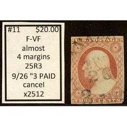 #11 3¢ Washington, Fine - Very Fine, 3 PAID Cancel, 25R3