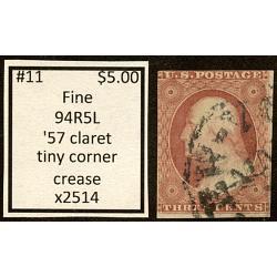 #11 3¢ Washington, Fine, \'57 Claret, 94R5L