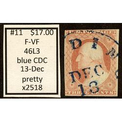 #11 3¢ Washington, Fine Very Fine, Blue CDC 13 DEC, 46L3