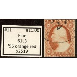 #11 3¢ Washington, Fine \'55 Orange Red, 61L3