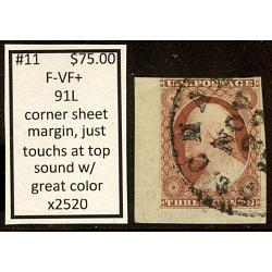 #11 3¢ Washington, Very Fine, 91L, Corner Margin Example