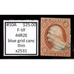 #10A 3¢ Washington, Fine - Very Fine, Blue Grid Cancel, 44R2E