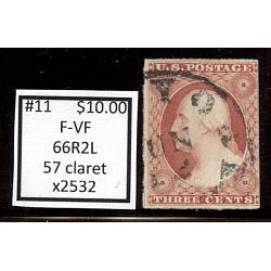 #11 3¢ Washington, Fine - Very Fine, '57 Claret 66R2L