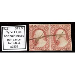 #11 3¢ Washington, Type 1, Fine Horizontal Pair 62-63L1L