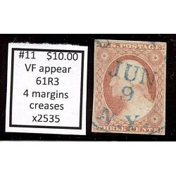 #11 3¢ Washington, Very Fine Appearance, Four Margins, Creases 61R3