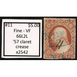 #11 3¢ Washington, Fine - Very Fine, '57 Claret, 66L2L