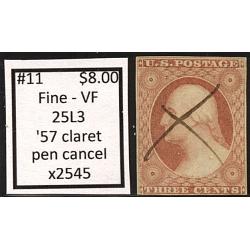 #11 3¢ Washington, Fine - Very Fine, '57 Claret, 25L3