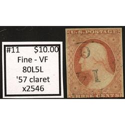 #11 3¢ Washington, Fine - Very Fine, \'57 Claret, 80L5L