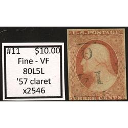 #11 3¢ Washington, Fine - Very Fine, '57 Claret, 80L5L