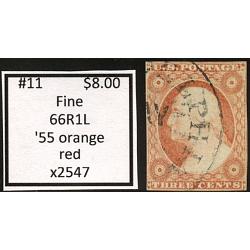 #11 3¢ Washington, Fine, '55 Orange Red, 66R1L