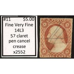 #11 3¢ Washington, Fine - Very Fine, '57 Claret, 14L3