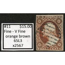 #11 3¢ Washington, Fine - Very Fine, Orange Brown, 65L3