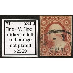 #11 3¢ Washington, Fine - Very Fine, Red Orange, Not Plated